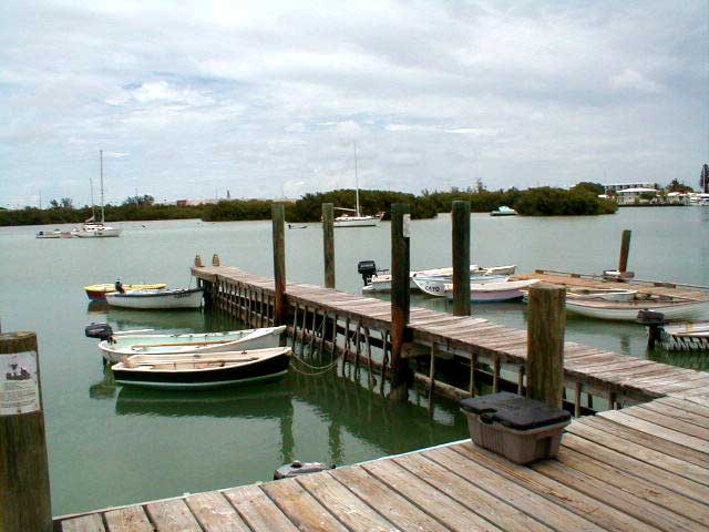 Dinghies tied up at Dockside Lounge, Sombrero Marina.